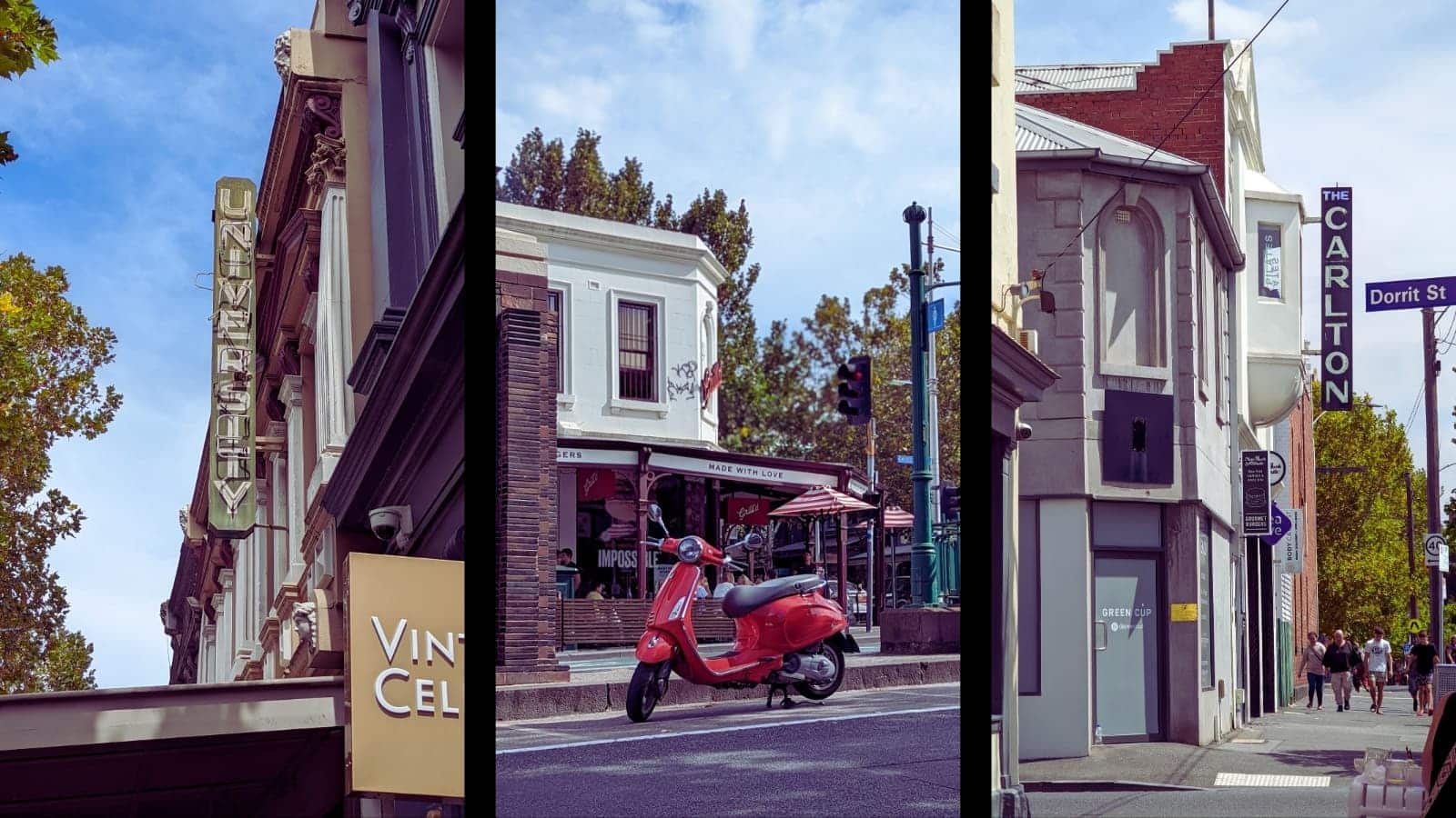 Carlton Melbourne street scene with café signs and red scooter